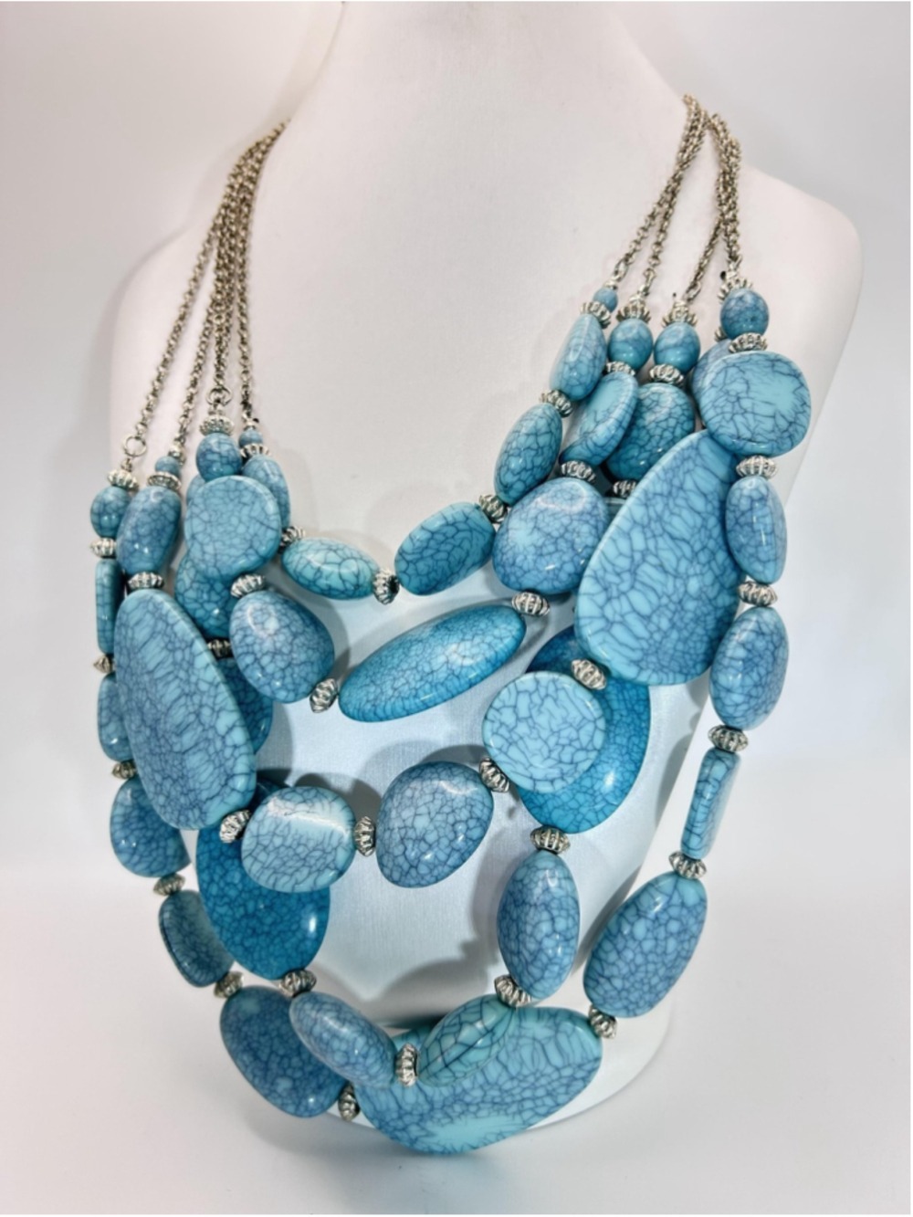 Necklace Blue Turquoise Stone Chunky Beaded Layered Bib Statement Boho Chain